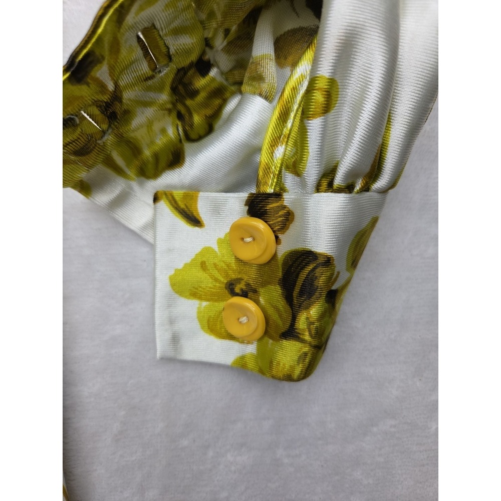 Vtg 60s 70s Hand Made Double Knit Shiny Floral Pussybow Blouse Top Mod Size S? - Picture 12 of 13